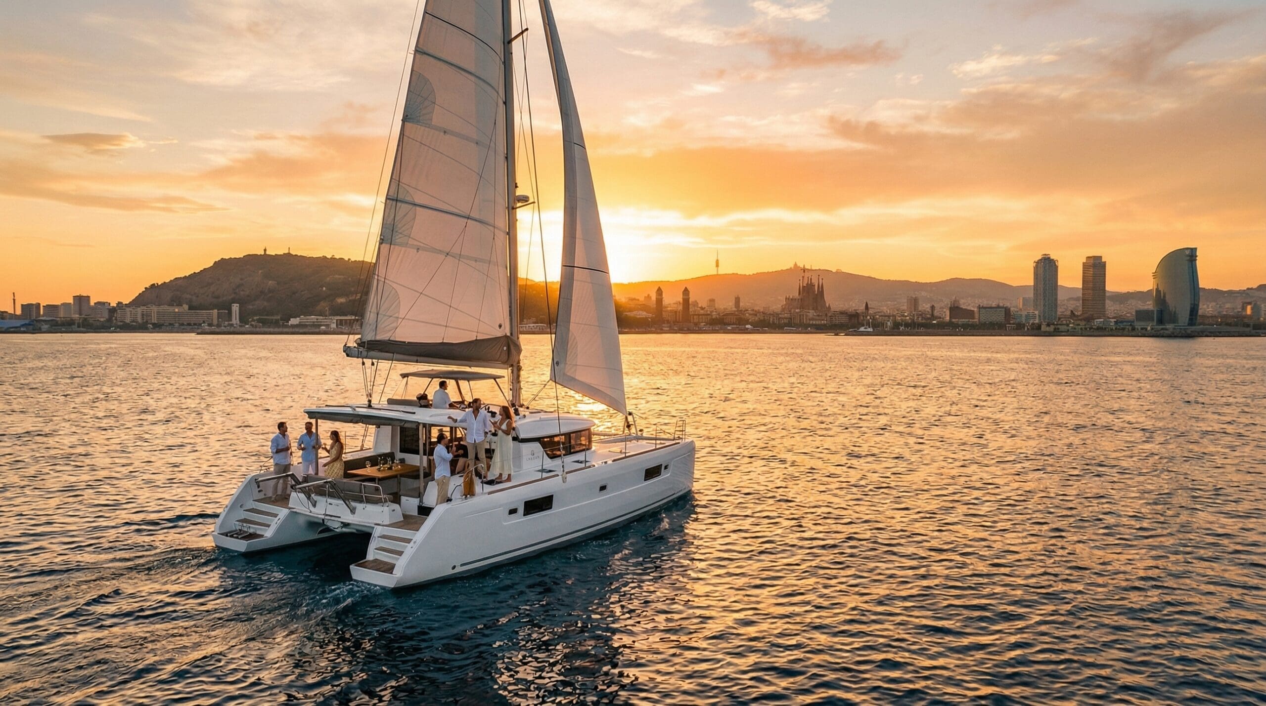 GrowBoat catamaran sailing at sunset off Barcelona