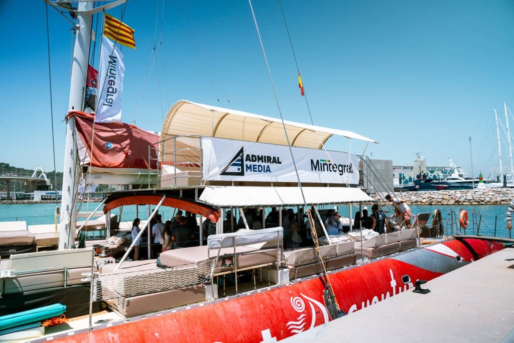GrowBoat Barcelona 2026 guests networking on a sailing yacht in the Mediterranean