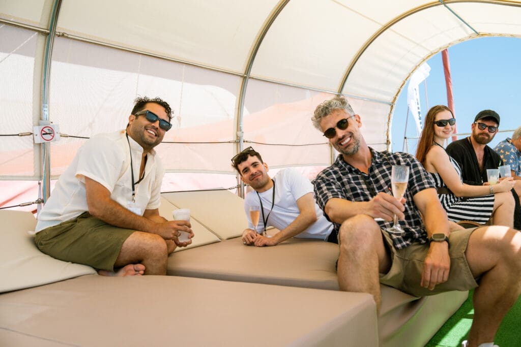 GrowBoat Barcelona guest arriving on the yacht at Port Olympic marina